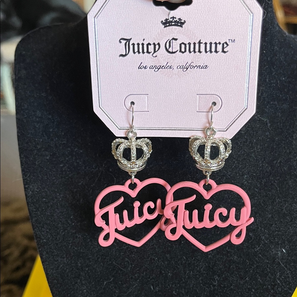 👑🎀💚🌸🩷Juicy Couture Pink Heart 'Juicy' Drop Earrings with Rhinestone Crowns🎀💚🌸🩷👑